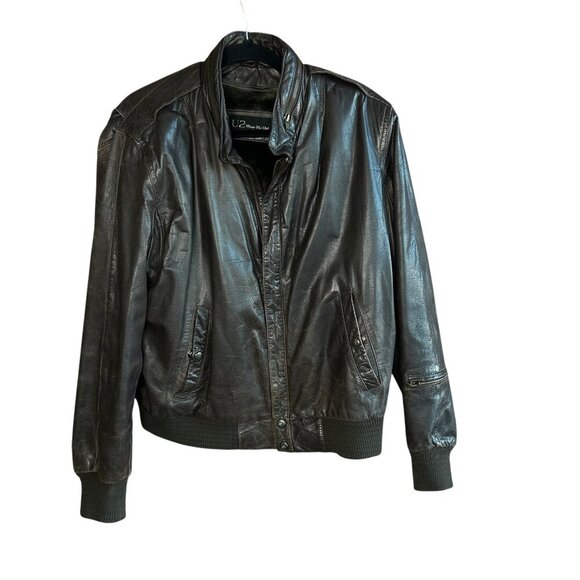 U2 Wear Me Out Vintage Brown Leather Fleece Lined Bomber Jacket Size 42 - Picture 1 of 11